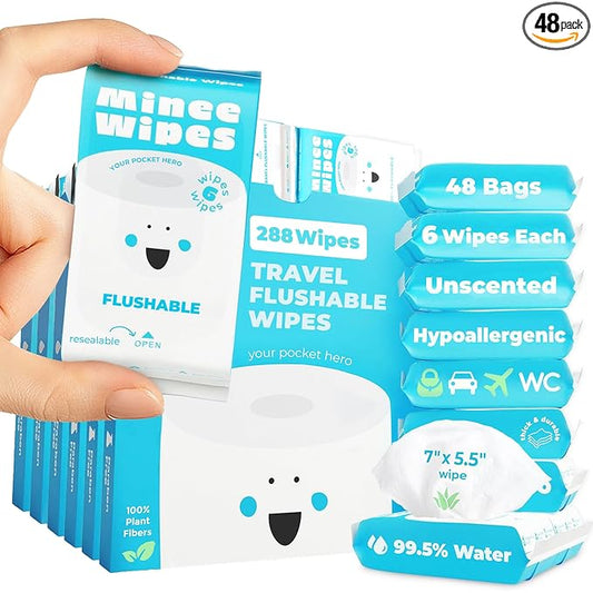 Impossibly Compact Travel Flushable Wipes - 99.5% Water and Aloe - Safe for Sensitive Skin & Hypoallergenic - Travel Essentials for Adults, Kids & Babycare, Unscented, 48 Pack 288 Wipes