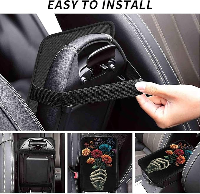 Universal Car Center Console Cushion Pad, Colorful Flowers Skull Hands Soft Waterproof Car Center Console Cover Auto Armrest Seat Box Cover Protector for Most Vehicle SUV Truck Car