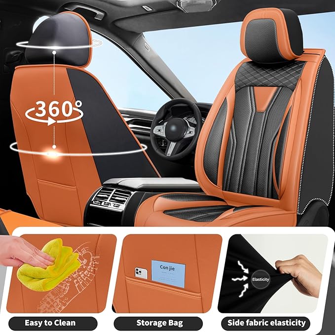 Fit Rogue Car Seat Covers Compatible with Nissan Rogue 2011-2025 2026 - Premium Leather， Waterproof Breathable， All-Weather Seat Cushion Protecto&Airbag Compatible (2 Front Seat Orange&Black)