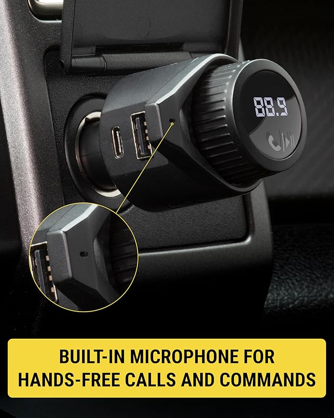 Scosche BTFM9 FM Bluetooth Transmitter Car, Dual 12W USB-C and USB-A Charging Ports, Fast Type C Car Charger, Wireless Radio Bluetooth Adapter, Hands-Free Kit for Calls, Siri and Google Assistant