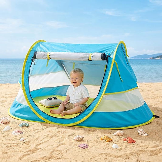 Poray Portable Baby Beach Tent with UPF 50+ Sun Shelter,Mosquito Net and Sunshade, Ideal Pop Up Kids Travel Tent with Carry Bag & 2 Stakes,Outdoor Indoor Play and Sun Protection