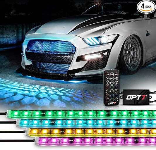OPT7 Aura 4PCS RGB LED Grille Lights with Remote Control, 24 inches Waterproof LED Strip Lights, Multicolor, Dimmer, Fade, Cycle, Strobe, Peel'n'Stick Front Grill Valence, Truck Van RV JDM Decor