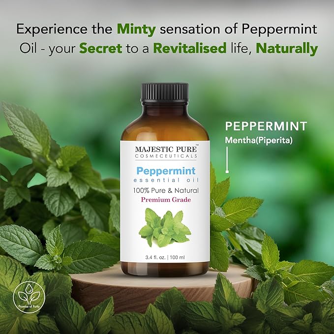 Majestic Pure Essential Oil with Glass Dropper - 100% Pure and Natural - Essential Oils for Diffuser, Aromatherapy, Soap and Candle Making, Peppermint Essential Oil, Peppermint Oil, 3.4 Fl Oz