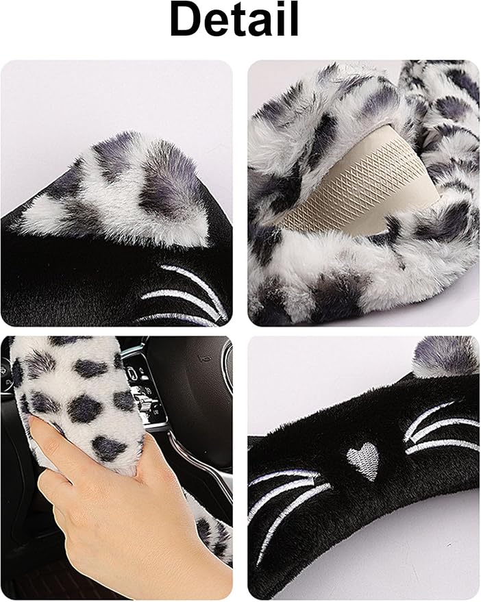 Dotesy 3D Ear Furry Cheetah Car Steering Wheel Cover Set Fluffy Faux Wool Steering Wheel Protector Leopard Anti-Slip Soft Warm Car Accessories for Women (White Black)