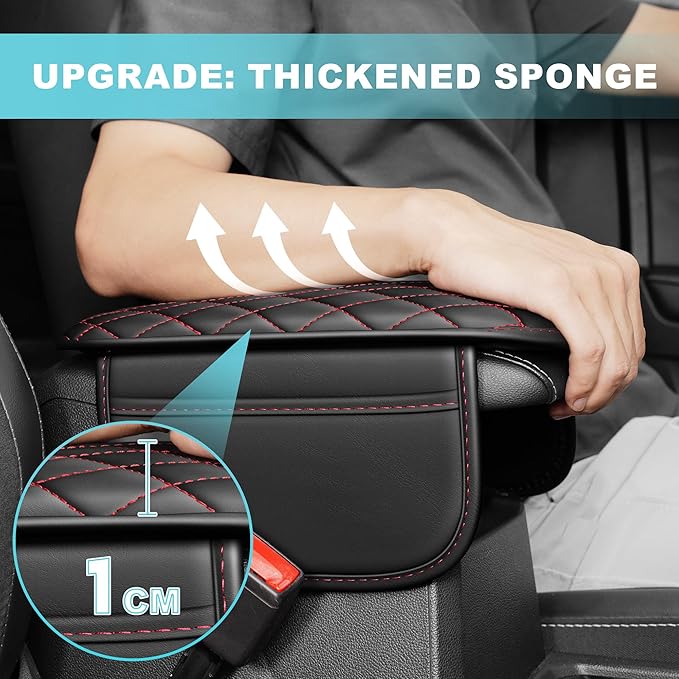 Center Console Cover Fit for Kia Sportage 2005-2025 with 2 Storage Bags Waterproof Leather Quilted Pattern Car Armrest Cover Cushion Anti - Slip(Black&Red Line)