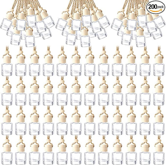 BBTO 200 Pcs Hanging Car Diffuser Bottles Bulk, Empty Clear Glass Air Freshener Bottles with Wooden Cap for Perfume Essential Oils Fragrance Aromatherapy Ornament(Cylinder)