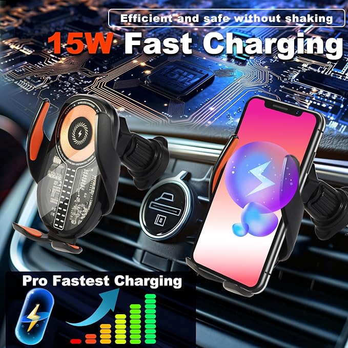 15W Car Phone Holder Wireless Charger - Auto Sensing Clamping 3-Axis Adjustable 360° Rotation Fast Charging Phone Holders for Your Car Vent Clip Slim Design with Unisex for iPhone Android Samsung