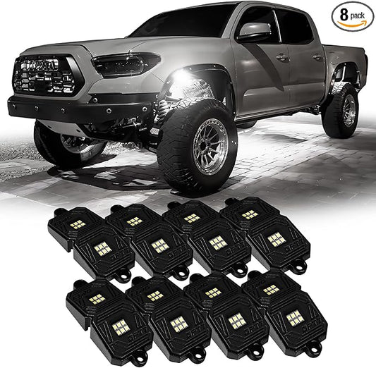 OPT7 Photon Pure White LED Magnetic Rock Lights - 8 Pods w/Mahnet Mounts - Wide Angle Underglow Lighting Kit, IP68 Waterproof for Offroad Jeep RZR ATV UTV SUV - Truck Decorations
