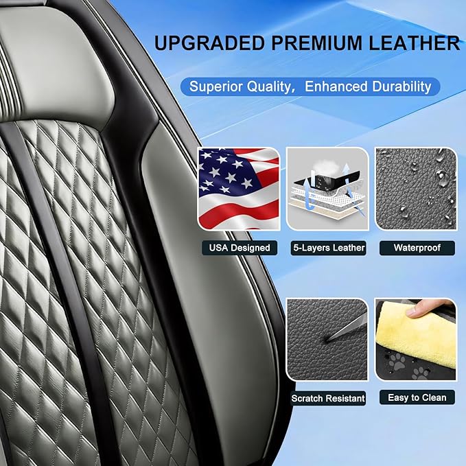Fit Mazda 6 Car Seat Covers for Select Mazda 6 2007-2021 - Premium Full Coverage Leather, Airbag Compatible, Luxury Waterproof & All Weather Seat Protector, Front Pair Black+Gray