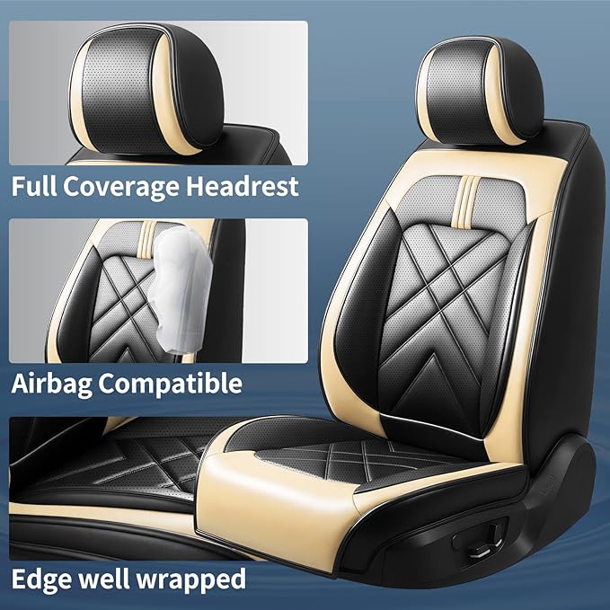 CX-90 Car Seat Covers Fit for Mazda CX-90 2007-2026, Full Coverage Premium Leather Waterproof Breathable Seat Covers, Automotive Seat Protectors, Airbag Compatible(2 Front Seats, Black Beige)
