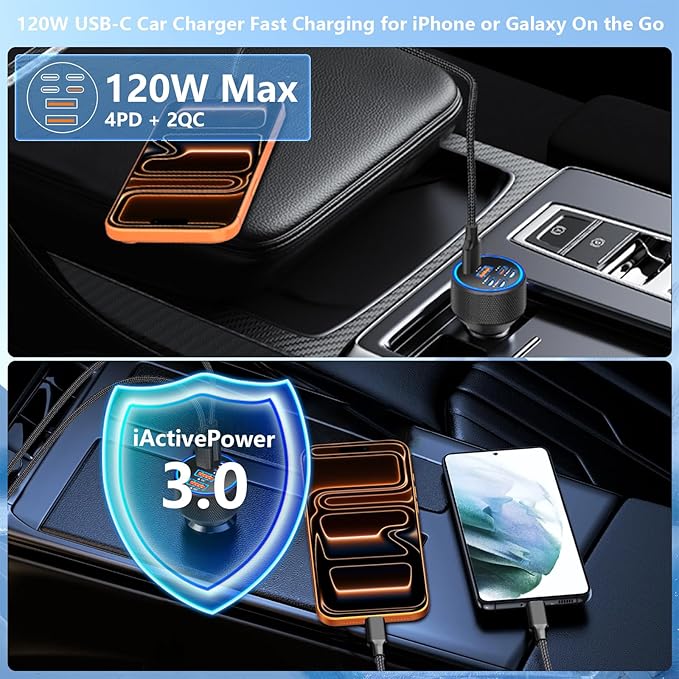Car Charger USB C, Rombica 6 Port 120W USB-C&USB-A Car Power Cigarette Lighter Adapter Dual 45W PD/QC Multiport Type C Fast Charger for iPhone 17 17 Pro Max 16 15 14 13 12 11/Galaxy S26 S25/Pixel/iPad
