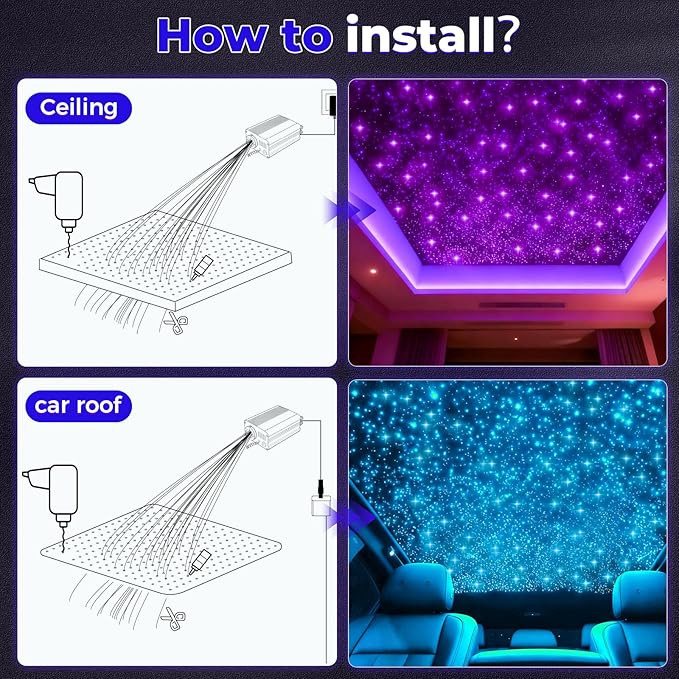 Headliner Star Light Kit, Star Light Headliner Kit, 600pcs 0.03in 9.8ft Ceiling Fiber Optic APP RGBW Remote Contro Fiber Lights for Home Theater