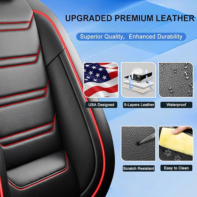 Fit Mazda 6 Car Seat Covers (Front Pair) for Select Mazda 6 2007-2021 - Premium Full Coverage Leather, Airbag Compatible, Luxury Waterproof & All Weather Breathable Seat Protector, Red Trim