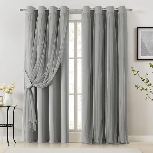 Bujasso Grey 90% Blackout Curtains with Sheer Overlay Mix and Match Double Layer Window Curtains Thermal Insulated 90 inch for Living Room Bedroom Gray Drapes with Tiebacks Grommet Top 54" Wx90 Lx2