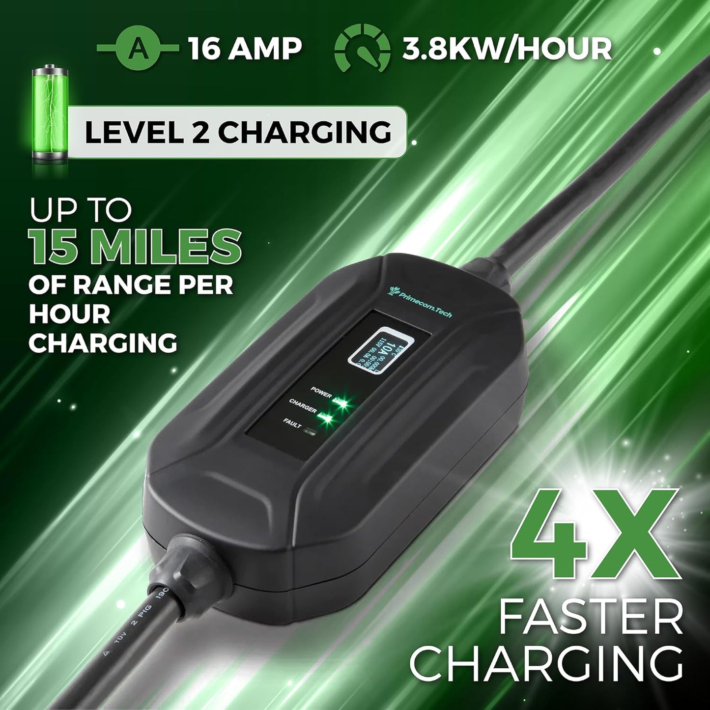 PRIMECOM Level 2 EV Charger 220/240V, 16A, 30ft & 50ft, Portable EVSE Electric Vehicle Charging Cable Compatible with Bolt Volt Leaf BMW i3 Fiat 500e Clarity NIRO Prius (10-30P, 50 Feet)