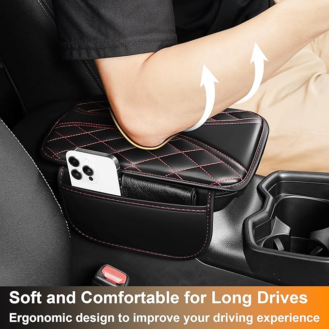 Car Center Console Cover Fit for Jeep Cherokee Compass Gladiator Liberty Patriot Renegade Wrangler - Leather Armrest Covers with 2 Storage Pockets(Black&Red)