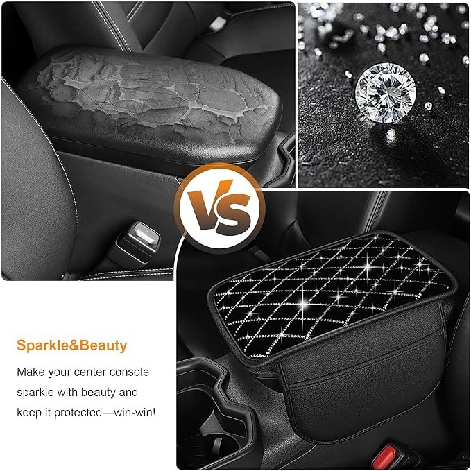 Bling Armrest Cover for Car Compatible with Jeep Cherokee - Center Console Cover with 2 Storage Pockets and Crystal Diamond(Black)