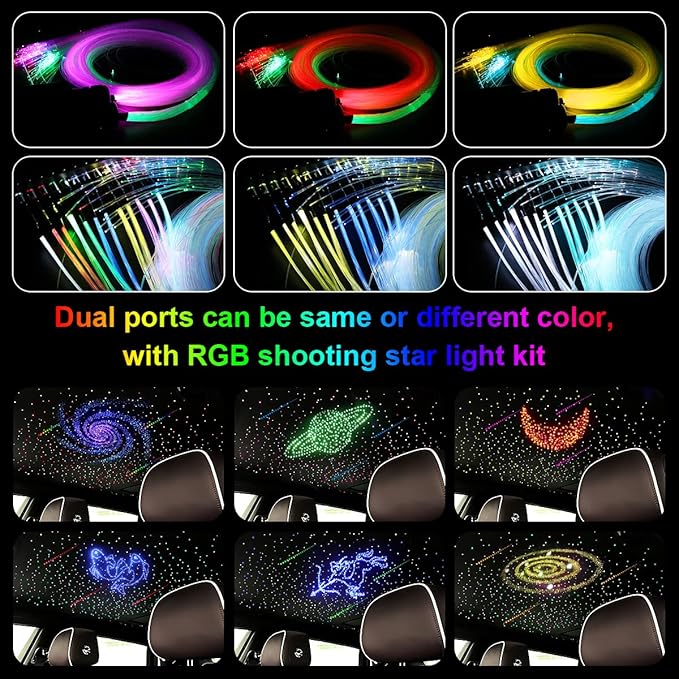 Small Size AKEPO 32W Dual-Head Different Color APP Fiber Optic Lights with Meteor Effect, 1100pcs of 0.03in 13.1ft Optical Fibers +RGBW Music Activated Fiber Optic Star Ceiling Light Kit for Car/Home