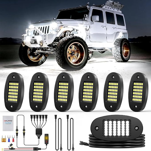 Hovano 6 Pods White Rock Light Kit with Wired Switch - 6500K Pure White LED Underglow, IP68 Waterproof, Super Bright 36 LEDs for Trailer Off Road SUV UTV ATV RZR Car