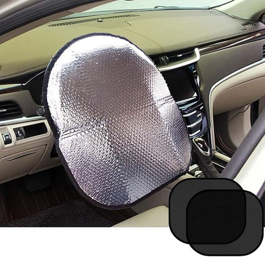 Big Ant Steering Wheel Cover Sun Shade + Bonus Side Window Sunshade-Heat Reflector Fit Most Jumbo/Standard Car-Sliver (20.1"X 17.3")