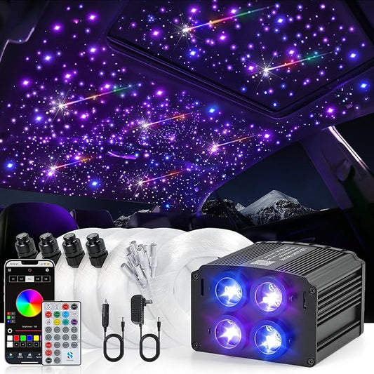Car Starlight Headliner Kit, 4 Colors 32W Twinkle & Meteor Fiber Optic Ceiling Lights, 2 in 1 Light Engine 900pcs*0.03in*13.1ft+240 RGBW Shooting Stars Lights for Car Roof Décor