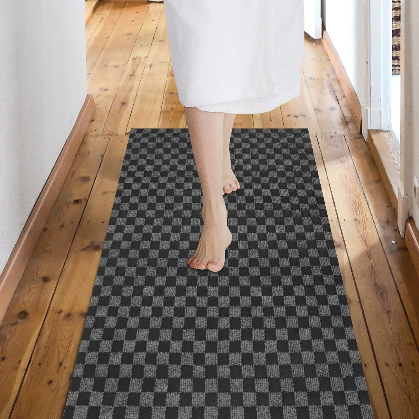 Custom Size Backed Non-Slip Area Rugs Runner, Easy Clean, Waterproof Runner Rugs for Hallway Entryway, Kitchen, Laundry, 2FT x 79FT, Gray Checkered