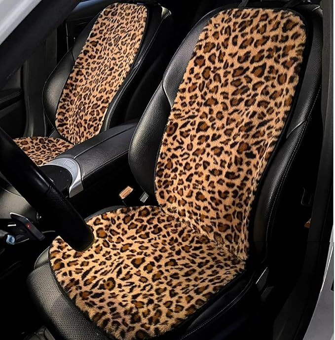 Leopard Print Car Seat Covers Fluffy Front Rear Car Seat Covers Set Lumbar Support Pillow Car Accessories for Women (backrest)