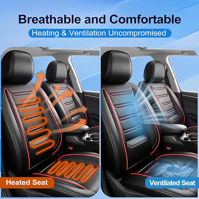 Fit Impala Car Seat Covers for Select Chevrolet/Chevy Impala 2000-2020, Premium Full Coverage Leather, Airbag Compatible, Waterproof All Weather Seat Protector, Full Set, Red Trim