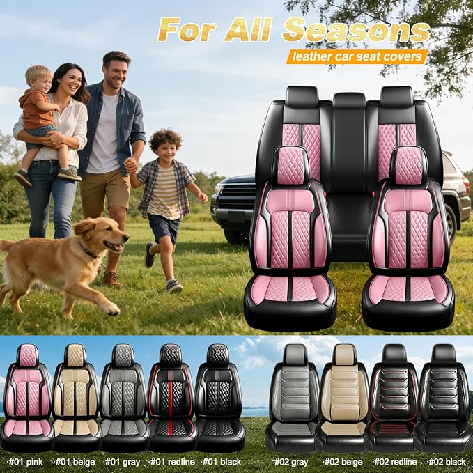 Fit CX-5 Car Seat Covers for Select Mazda CX5 2013-2024 2025 2026 - Premium Full Coverage Leather, Airbag Compatible, Waterproof & All Weather Seat Protector, Front Pair Black+Pink