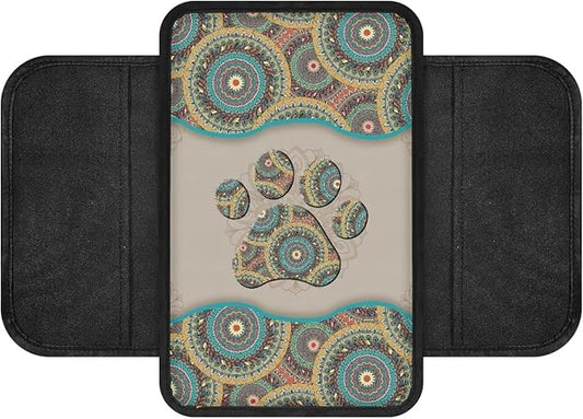 Boho Floral Dog Paw Pattern Car Center Console Cover Elastic Car Armrest Seat Box Cover Cushion Non-Slip Auto Armrest Pad with Pockets Storage Bag Car Decor Accessories