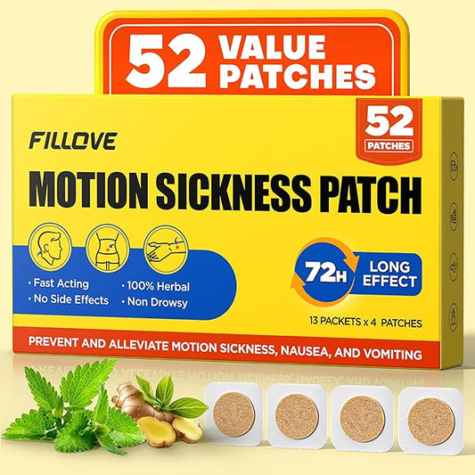 FILLOVE 52ct Motion Sickness Patches Non-Drowsy, 72H Lasting Sea Sickness Patches Cruise Essentials 2026, 100% Natural Motion Sickness Patch Travel Essentials for Car Airplane Ship Altitude Sickness