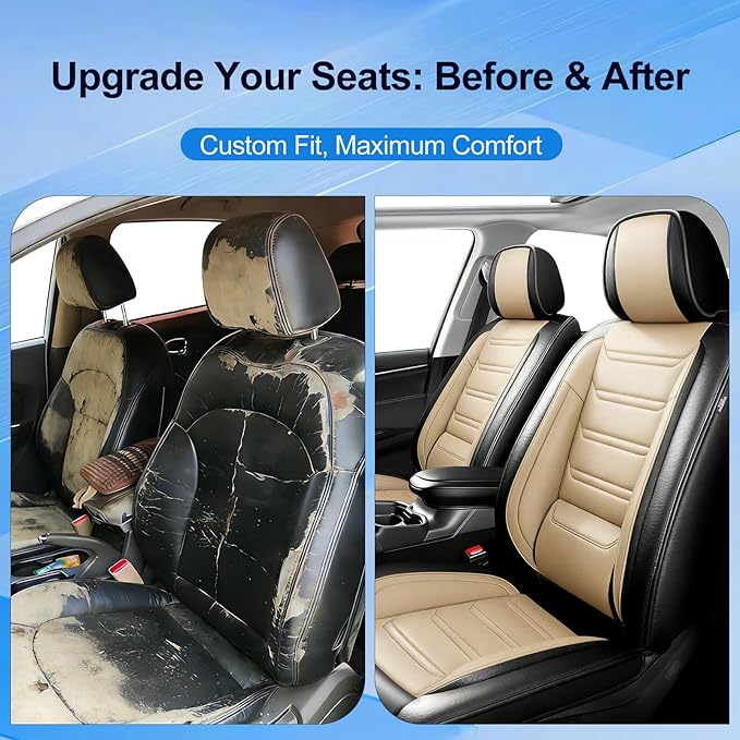 Fit Trax Car Seat Covers for Chevrolet/Chevy Trax 2015-2026, Premium Full Coverage Leather, Waterproof All Weather Seat Protector, Airbag Compatible, Scratch Resistant, Front Pair Black+Beige