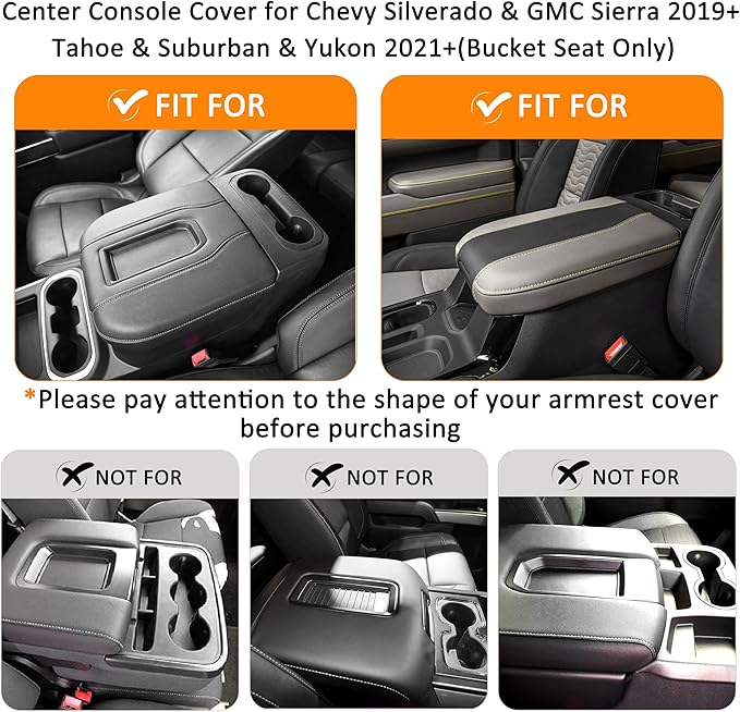 Center Console Cover for Chevy Silverado/GMC Sierra Accessories 2019-2026, Tahoe & Suburban & Yukon 2021-2026 Armrest Cover Middle Console Leather Protector Pad (Bucket Seat Consoles)(Gray Stitches)