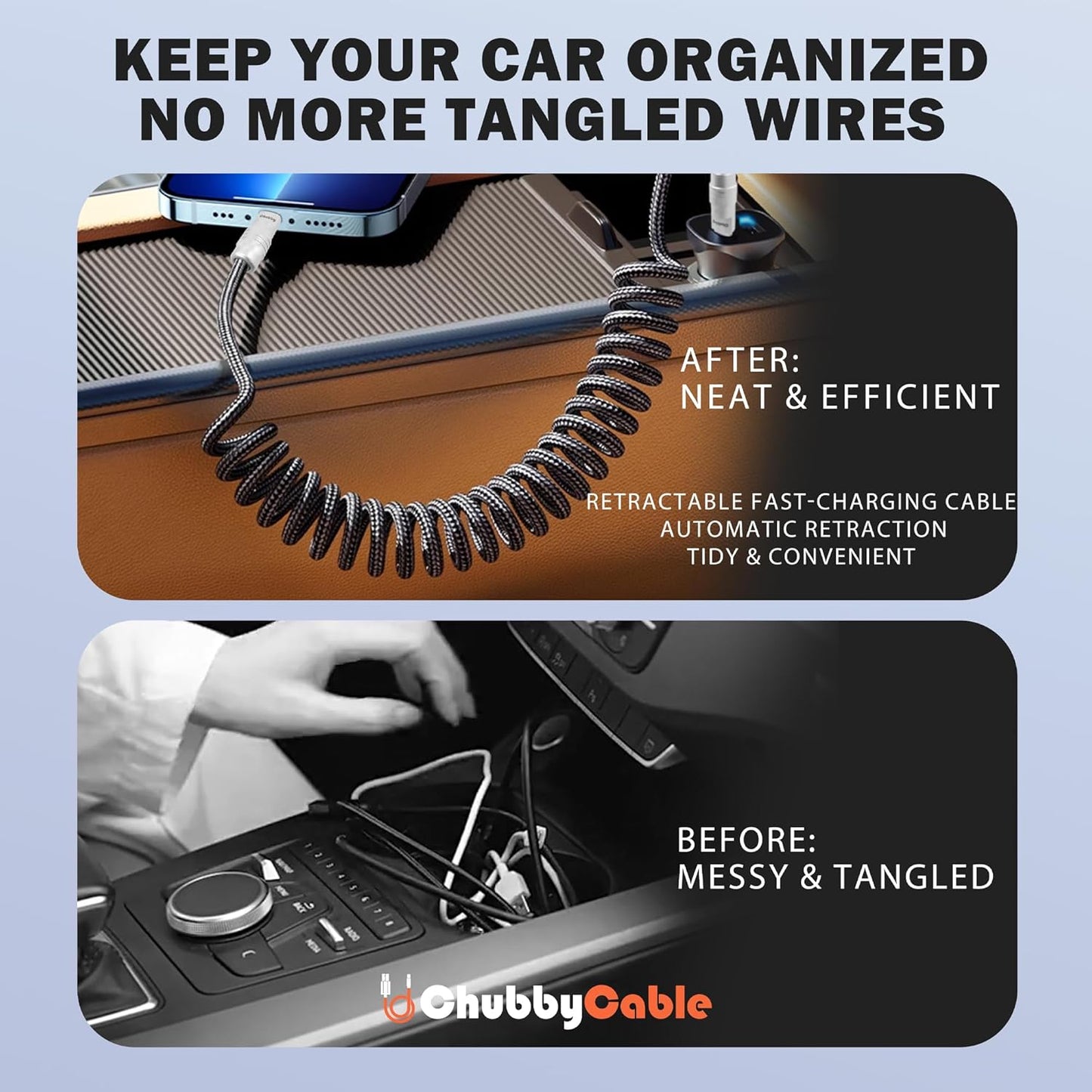 chubbycable Curly Chubby - Retractable Fast Charging Cable 240W Coiled Charger Cord for Car Durable USB-C Cable for Phones, Tablets and More, Black, Type-C to Type-C, 1.3FT-2.3FT