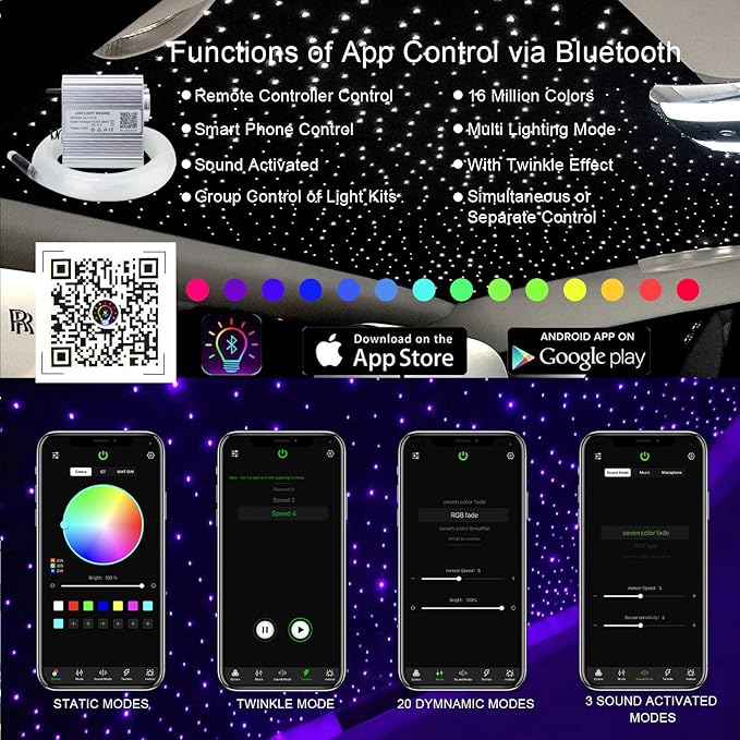AKEPO RGBW Fiber Optic Lights kit Twinkle+APP Control+Music Effect Star Ceiling Sky Light Kit for Car & Home, Optical Fiber Cable 200pcs 0.03in/0.75mm 9.8ft/3m + 28key RF Remote Control
