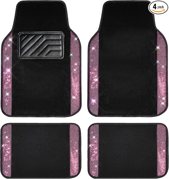 CAR PASS Bling Diamond Car Floor Mat Shining Rhinestones Carpet, Sparkly Glitter Crystal Anti-Slip PVC Heel Pad Automotive Universal Fit for SUV Sedan Car Van, 4pcs for Girl Cute Women, Black Pink