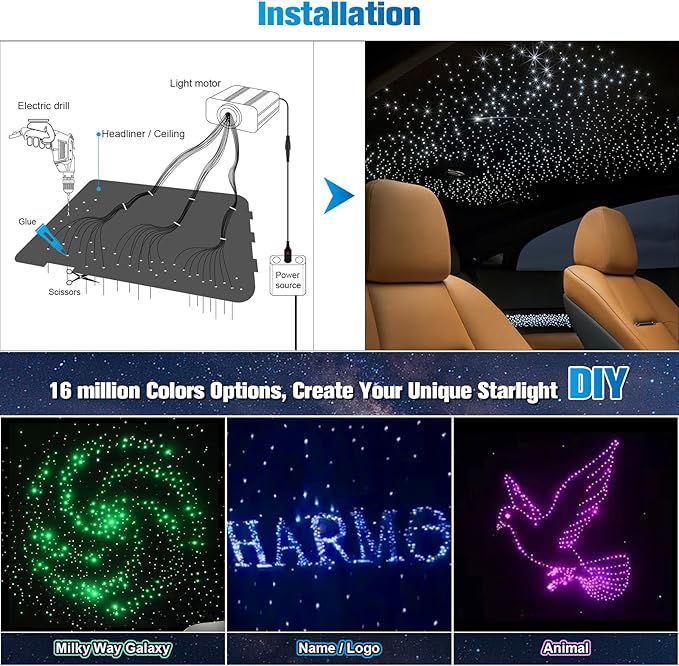 CHINLY Starlight Headliner Kit,550pcs*0.03in*13.1ft Star Light Headliner Kit,Twinkle Star Lights for Car,RGBW+APP+Remote Fiber Optic Lights Star Headliner Kit,Car Star Lights for Ceiling Car,Theater