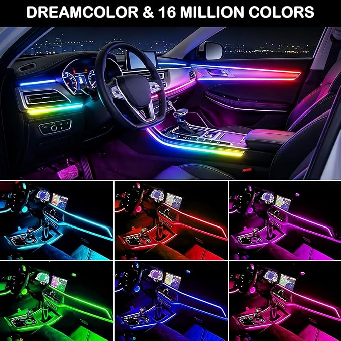 Ambient Lighting Car Led Lights Interior,57in USB Dreamcolor 2 in 1 Acrylic Neon Flexible Strip Fiber Optic LED Ambient Lighting Kits with Remote APP, RGB Music Lights Sync for Inside car Decorations