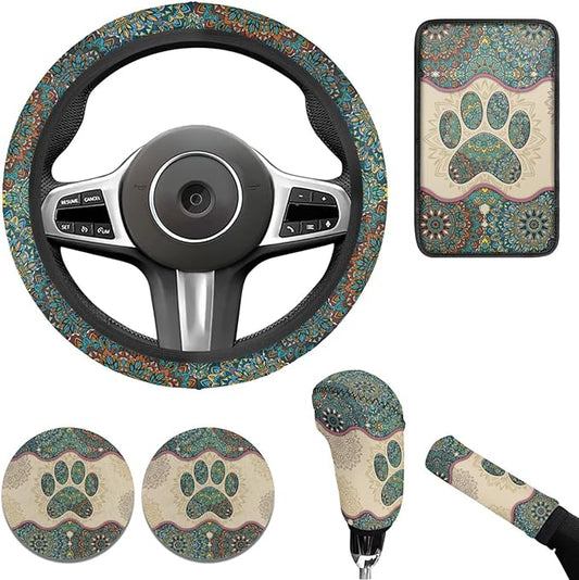Dog Claw Car Steering Wheel Covers Set Bohemian Print Car Interior Accessories Cup Holder,Handbrake Gear Cover for Vans Truck SUV