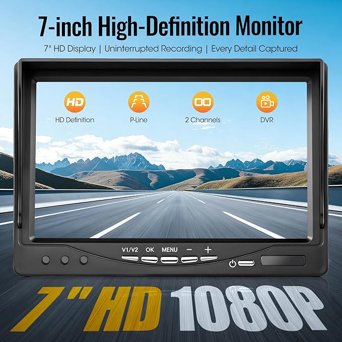 7" 2-Wired Backup Camera System, DVR Dual Screen Rear View Camera, IP69 Waterproof IR Night Vision, 20G Vibration-Proof for Trailer/RV/Tractor/Truck/Combine/Skid Steer/Heavy Equipment/UTV, Y1