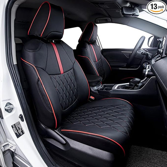HKZ Fit RAV4 Car Seat Covers Set for 2019 2020 2021 2022 2023 2024 2025 Toyota RAV4 LE,XLE,XLE Premium,Limited - 5 Seats Full Set Leather(Black+Red)
