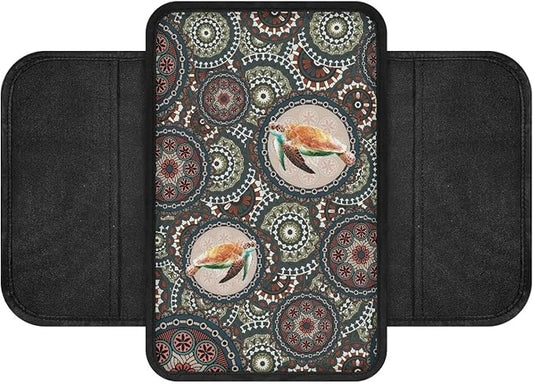 Boho Mandala and Turtle Print Car Armrest Cover Breathable Auto Center Console Pad with 2 Storage Bags Anti-Slip Car Armrest Cover Cushion Universal Fit for Sedan Truck SUV