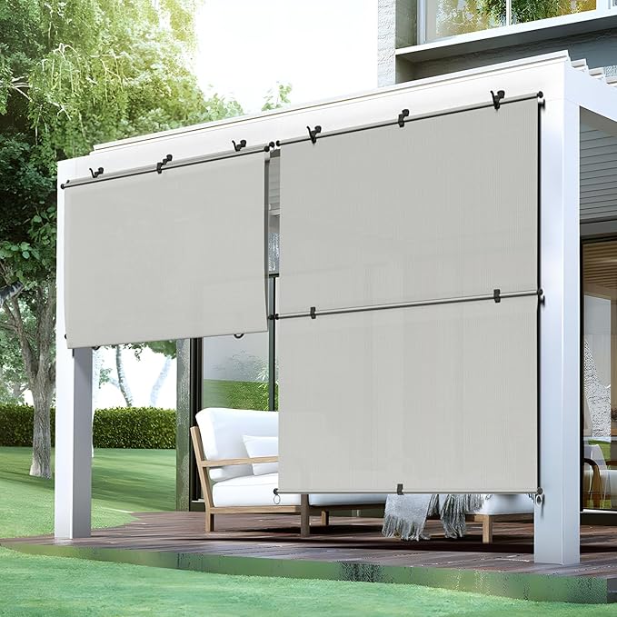 Bynbbur 8'W x 13'H Outdoor Patio Shades Foldable Roller Blinds, 220 GSM Sun Shade Roll Up Porch Screens Exterior Shade Cloth for Deck Pergola Backyard, Light Gray