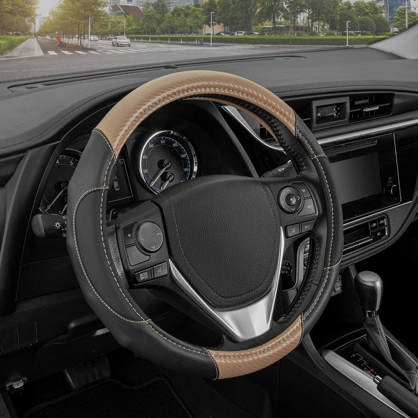 Motor Trend GripDrive Carbon Fiber Steering Wheel Cover, Non-Slip Sporty Racing Faux Leather Ergonomic Comfortable Handle, Steering Wheel Cover for Cars Trucks Vans SUV - Fits Standard 15 Inch - Beige