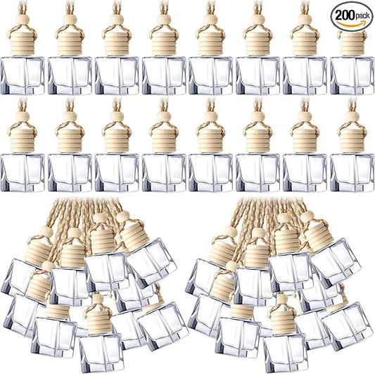 BBTO 200 Pcs Hanging Car Diffuser Bottles Bulk, Empty Clear Glass Air Freshener Bottles with Wooden Cap for Perfume Essential Oils Fragrance Aromatherapy Ornament(Square)