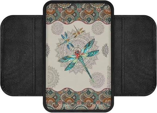 Dragonfly and Boho Mandala Print Car Center Console Cover Wear-Resistan Car Armrest Cover Cushion Lightweight Car Armrest Seat Box Cover Cushion Car Decoration Accessories