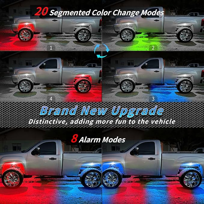Brightness 4Pods Segmented RGB LED Rock Lights Kit with APP/RF Remote Control, Upgraded Multicolor Underglow Lights Neon Music Mode Waterproof 12V Underbody Light for Trucks Pickup Jeep Golf Cart ATV
