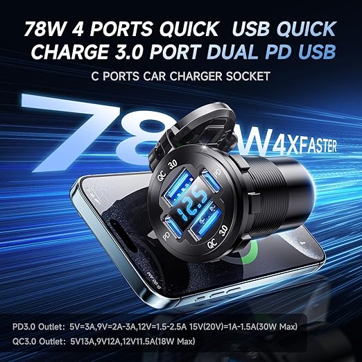 12V USB Charger with 4 Ports, Upgraded Aluminum Alloy Car Outlet with LED Voltmeter Display, for 12/24V Car Golf Cart Boat Marine Bus Truck RV Marine Motorcycle etc. (2PC)
