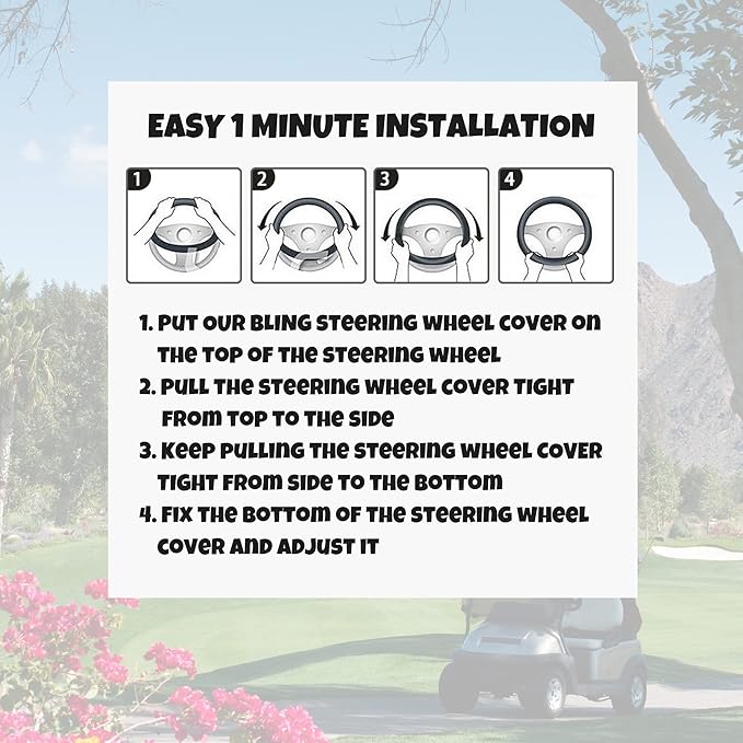 Universal Colorful Bling Crystal Diamond Rhinestones Golf Cart Steering Wheel Cover fits Club Car, Yahama, EZGO, Anti Slip Cover Easy to Install, Great Gifts for Golfer Women Womens (White Diamond)