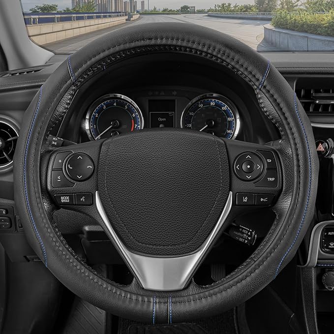 Motor Trend GripDrive Faux Black Leather Steering Wheel Cover for Car Truck Van SUV, Standard 15 inch Size, Blue Accent Stitched Car Steering Wheel Cover Vehicle & Auto Accessories